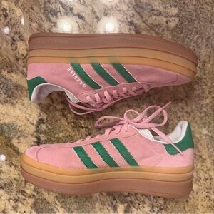 adidas Gazelle Platform Sneakers Pink with Green Stripes and Gum Sole